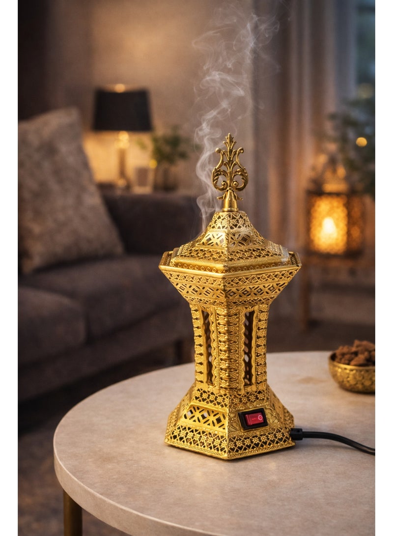 مبخرة كهربائية معدنية ديكورية بسلك كهربائي – تصميم إسلامي فاخر – ديكور رمضان وديكور منزلي – ارتفاع 26 سم (عرض 12 × 12 سم) - Image 2